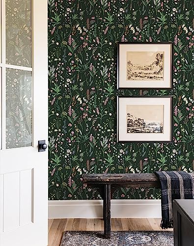 JiffDiff Floral Wallpaper Peel and Stick Farm Floral 236.22" x 17.32" Wildwood Wallpaper Dark Wallpaper Self Adhesive Wallpaper Coverage 30 sq.ft