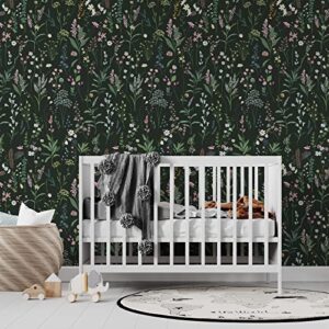 JiffDiff Floral Wallpaper Peel and Stick Farm Floral 236.22" x 17.32" Wildwood Wallpaper Dark Wallpaper Self Adhesive Wallpaper Coverage 30 sq.ft