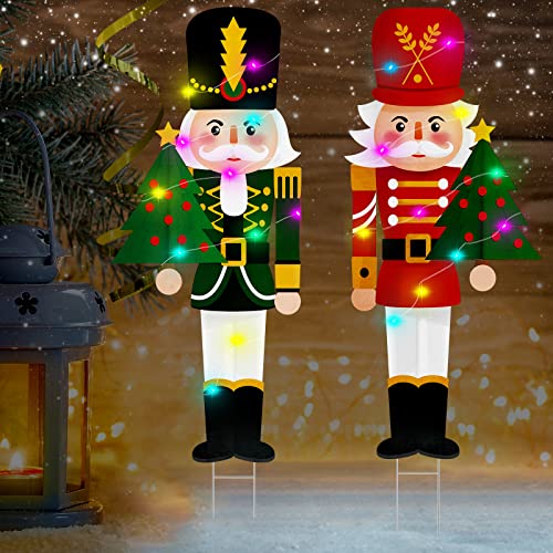 2 Pcs LED Lights Nutcracker Christmas Outdoor Yard Stake Sign Nutcracker Yard Stakes Large Nutcracker Winter Decorations Soldier Decorative Garden Stakes for Xmas Holiday Lawn Garden, 30 Inch