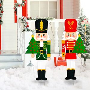 2 Pcs LED Lights Nutcracker Christmas Outdoor Yard Stake Sign Nutcracker Yard Stakes Large Nutcracker Winter Decorations Soldier Decorative Garden Stakes for Xmas Holiday Lawn Garden, 30 Inch