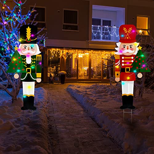 2 Pcs LED Lights Nutcracker Christmas Outdoor Yard Stake Sign Nutcracker Yard Stakes Large Nutcracker Winter Decorations Soldier Decorative Garden Stakes for Xmas Holiday Lawn Garden, 30 Inch