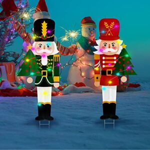 2 Pcs LED Lights Nutcracker Christmas Outdoor Yard Stake Sign Nutcracker Yard Stakes Large Nutcracker Winter Decorations Soldier Decorative Garden Stakes for Xmas Holiday Lawn Garden, 30 Inch