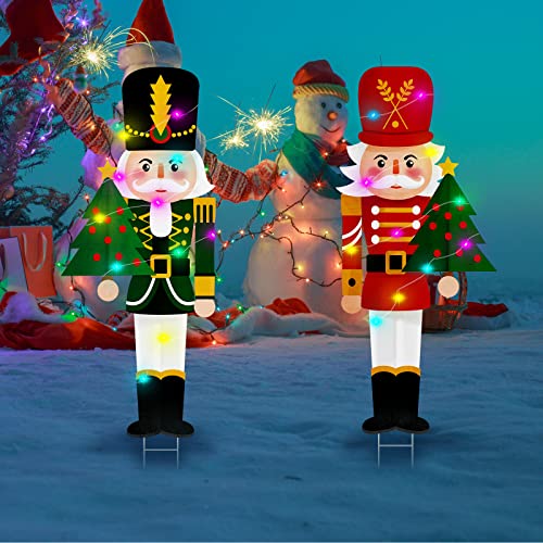 2 Pcs LED Lights Nutcracker Christmas Outdoor Yard Stake Sign Nutcracker Yard Stakes Large Nutcracker Winter Decorations Soldier Decorative Garden Stakes for Xmas Holiday Lawn Garden, 30 Inch