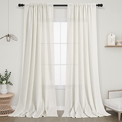 Natural Linen Curtains 84 Inch Length 2 Panels for Living Room Rod Pocket Semi Sheer Boho Bedroom Curtain Privacy Ivory Cream White Farmhouse Linen Curtain Drapes Floor Length 84 Inches Long 7 FT