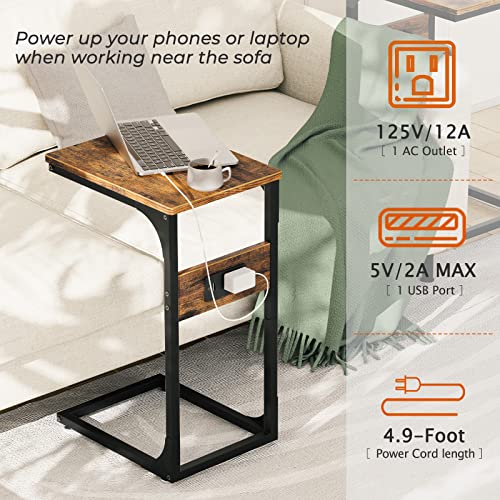 SUPERJARE C Shaped End Table with Charging Station, Bed Side Table with USB Port & Outlet, Couch Table, C Table for Living Room & Bedroom, Rustic Brown