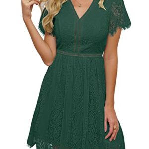 MEROKEETY Women's Short Sleeve Lace Floral Swing Dress Elegant Wedding Guest Bridesmaid Dress, DarkGreen, L