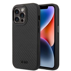 cg mobile tumi phone case for iphone 14 pro max in black aluminum carbon pattern, real protective & durable case with easy snap-on, shock absorption & signature logo