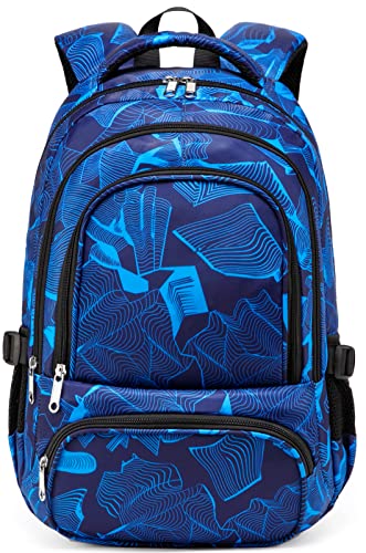 BLUEFAIRY Kids Backpack Boys Elementary School Bags Primary Middle School Book Bags Sturdy for Teens Chlid Lightweight Durable Travel Gifts Mochila para niños 17 Inch (LINE-BLUE)