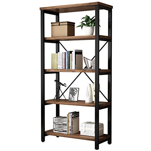 5 Tier Industrial Solid Wood Bookshelf, Open Etagere Bookcase with Metal Frame, Vintage Industrial Style Bookcase/Metal and Wood Bookshelf Furniture (AY01-5tier)