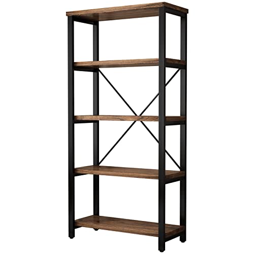 5 Tier Industrial Solid Wood Bookshelf, Open Etagere Bookcase with Metal Frame, Vintage Industrial Style Bookcase/Metal and Wood Bookshelf Furniture (AY01-5tier)