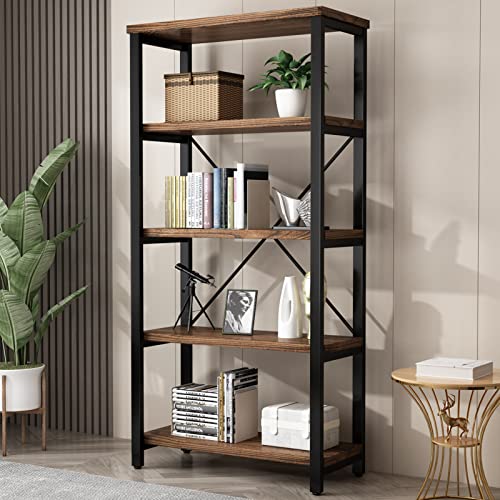 5 Tier Industrial Solid Wood Bookshelf, Open Etagere Bookcase with Metal Frame, Vintage Industrial Style Bookcase/Metal and Wood Bookshelf Furniture (AY01-5tier)