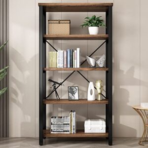 5 Tier Industrial Solid Wood Bookshelf, Open Etagere Bookcase with Metal Frame, Vintage Industrial Style Bookcase/Metal and Wood Bookshelf Furniture (AY01-5tier)