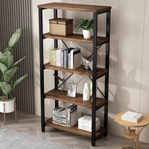 5 Tier Industrial Solid Wood Bookshelf, Open Etagere Bookcase with Metal Frame, Vintage Industrial Style Bookcase/Metal and Wood Bookshelf Furniture (AY01-5tier)