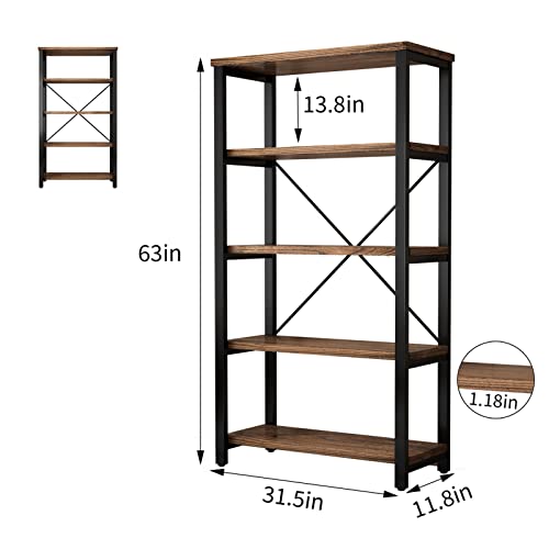 5 Tier Industrial Solid Wood Bookshelf, Open Etagere Bookcase with Metal Frame, Vintage Industrial Style Bookcase/Metal and Wood Bookshelf Furniture (AY01-5tier)