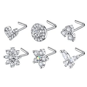 supsiah 20g l shaped nose studs surgical stainless steel cz nose rings studs silver for women nose piercing jewerly 6pcs sets (l shaped)