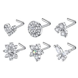 supsiah 20G L Shaped Nose Studs Surgical Stainless Steel CZ Nose Rings Studs Silver For Women Nose Piercing Jewerly 6PCS Sets (L Shaped)