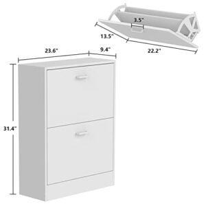 AIEGLE Shoe Cabinet with 2 Flip Drawers for Entryway, Modern Shoe Rack Shoe Organiazer with Adjustable Shelf, Shoe Storage Cabinet, White (23.6" W x 9.4" D x 31.4" H)