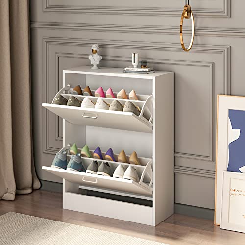 AIEGLE Shoe Cabinet with 2 Flip Drawers for Entryway, Modern Shoe Rack Shoe Organiazer with Adjustable Shelf, Shoe Storage Cabinet, White (23.6" W x 9.4" D x 31.4" H)