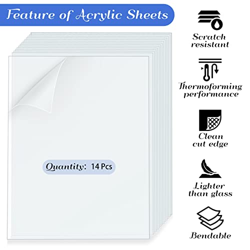 14 PCS 8" x 10" Acrylic/Plexiglass Sheets, Clear Shatterproof Plastic Sheet Panels Flexible with Protective Films for Wedding Signs Picture Frame Glass Replacement Projects Display(0.04" Thick)