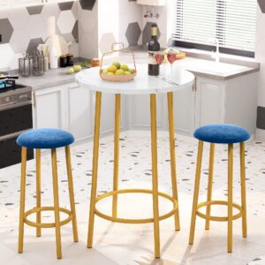 awqm 3 piece bar table set, round pub dining set with golden metal frame, velvet bar stools, ideal for breakfast nook, kitchen, small spaces