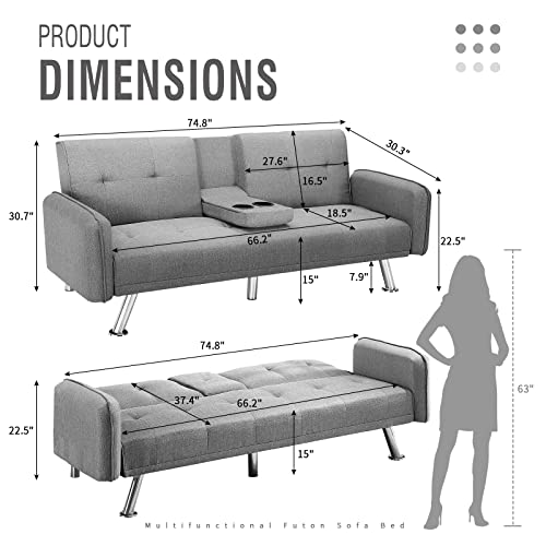 IULULU Futon Sofa Bed, Convertible Couch with 2 Cup Holders, Loveseat with Armrest for Studio, Apartment, Office, Living Room, Light Grey