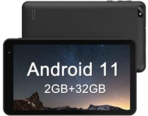 7 inch tablet, android 11, 2gb ram 32gb rom, quad-core processor, dual camera, wifi, bluetooth, 128gb expand, google play gms certified, black