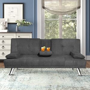 awqm modern futon sofa bed upholstered convertible folding sofa couch sleeper for compact living space, apartment, dorm,removable soft armrest, 2 cup holders, 65.7" l x 18.5" d x 29.9" h, dark grey