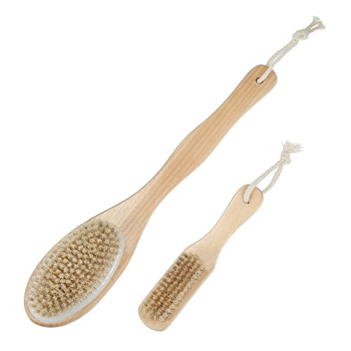 VOCOSTE Dry Brushing Body Brush Set, Shower Brush with Soft and Stiff Bristles, Dual Sided Long Handle Back Scrubber, Face Exfoliator for Wet or Dry Brushing
