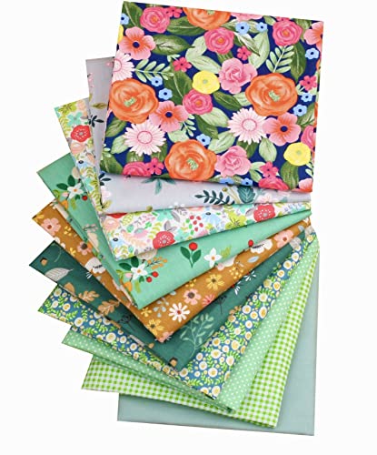 100% Cotton Quilting Fabric Bundles 10 pcs Fat Quarters, Squares Sheets for Patchwork, Sewing, Quilting, Crafting 19.6’’x15.7’’ (50cmx40cm), Green Floral