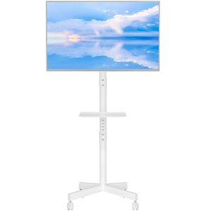 mobile tv cart for 23-60 inch led lcd flat curved screens tvs, rolling tv stand with locking wheels holds up to 55lbs, height adjustable portable stand with media shelf tray, max vesa 400x400mm(white)