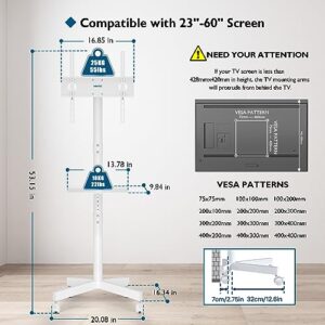 Mobile TV Cart for 23-60 Inch LED LCD Flat Curved Screens TVs, Rolling TV Stand with Locking Wheels Holds Up to 55lbs, Height Adjustable Portable Stand with Media Shelf Tray, Max VESA 400x400mm(White)