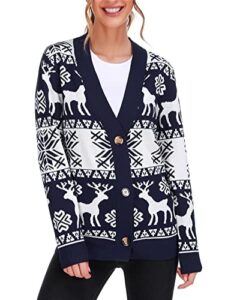 cowasto women's reindeer knitted christmas cardigan sweater comfy button up casual open front festive sweaters navy blue x-large
