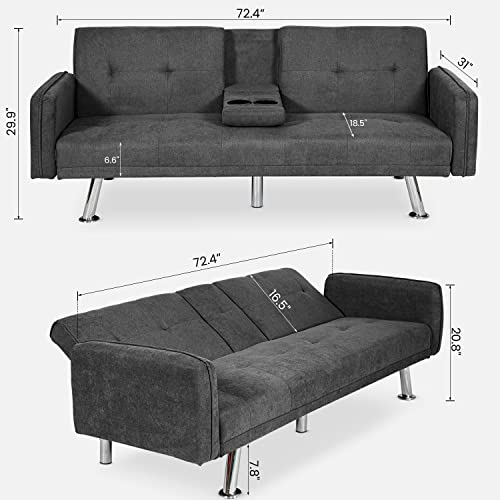 AWQM Futon Sofa Bed,Modern Upholstered Convertible Folding Sleeper Sofa,Recliner Futon Couch Bed with Armrests 2 Cup Holders,for Living Room,Apartment,72.4" L x 18.5" D x 29.9" H,Dark Grey