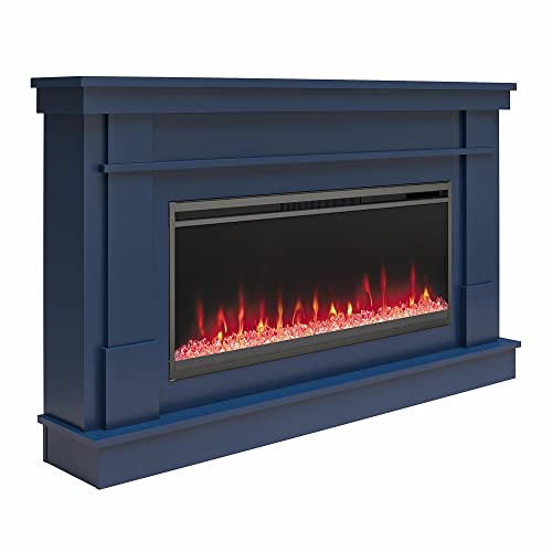 Novogratz Waverly Wide Mantel with Linear Electric Fireplace & Crystal Ember Bed, Navy