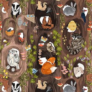 blank quilting fabrics forest critters laura konyndyk woodland animals in tree trunks brown, 44 inches