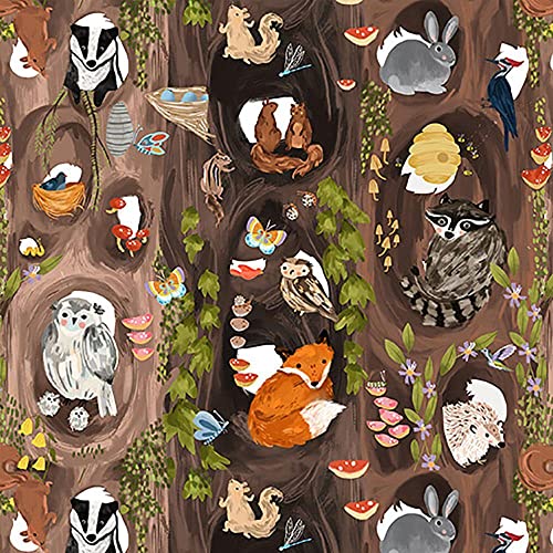 Blank Quilting Fabrics Forest Critters Laura Konyndyk Woodland Animals in Tree Trunks Brown, 44 Inches