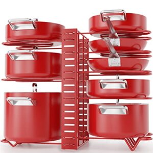 g-ting pot rack organizers, 8 tiers pots and pans organizer for kitchen organization & storage, adjustable pot lid holders & pan rack, lid organizer for pots and pans with 3 diy methods(bright red)