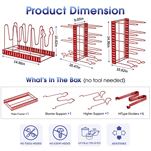 G-TING Pot Rack Organizers, 8 Tiers Pots and Pans Organizer for Kitchen Organization & Storage, Adjustable Pot Lid Holders & Pan Rack, Lid Organizer for Pots and Pans With 3 DIY Methods(Bright Red)