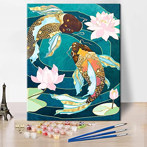 TISHIRON DIY Oil Painting Abstract Koi Paint by Numbers Lotus Kits for Adults Trippy Gold Fish Adult Number Animal on Canvas Wall Decor Living Room, - 16''x20''