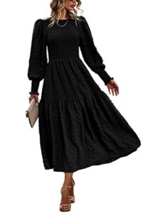 prettygarden women's boho puff long sleeve crewneck smocked tiered maxi dress solid print ruffle a-line flowy long dress(black,large)