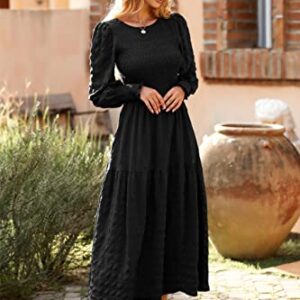 PRETTYGARDEN Women's Boho Puff Long Sleeve Crewneck Smocked Tiered Maxi Dress Solid Print Ruffle A-line Flowy Long Dress(Black,Large)