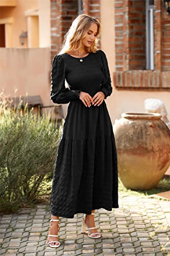 PRETTYGARDEN Women's Boho Puff Long Sleeve Crewneck Smocked Tiered Maxi Dress Solid Print Ruffle A-line Flowy Long Dress(Black,Large)