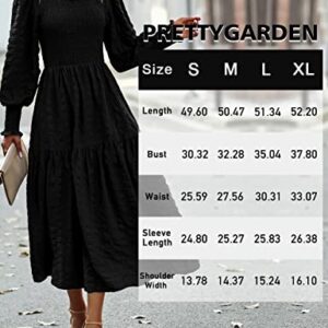 PRETTYGARDEN Women's Boho Puff Long Sleeve Crewneck Smocked Tiered Maxi Dress Solid Print Ruffle A-line Flowy Long Dress(Black,Large)