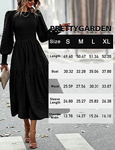 PRETTYGARDEN Women's Boho Puff Long Sleeve Crewneck Smocked Tiered Maxi Dress Solid Print Ruffle A-line Flowy Long Dress(Black,Large)