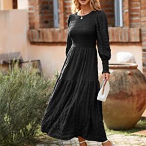 PRETTYGARDEN Women's Boho Puff Long Sleeve Crewneck Smocked Tiered Maxi Dress Solid Print Ruffle A-line Flowy Long Dress(Black,Large)