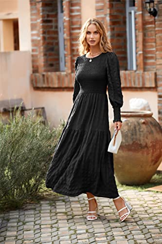 PRETTYGARDEN Women's Boho Puff Long Sleeve Crewneck Smocked Tiered Maxi Dress Solid Print Ruffle A-line Flowy Long Dress(Black,Large)