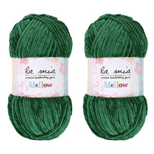 2 skein la mia mellow velvet chenille yarn for knitting and crocheting baby clothes, blankets and accessories, 100% polyester, 100 gr (3.5 oz) / 115 m (125 yards), super bulky, green - 928