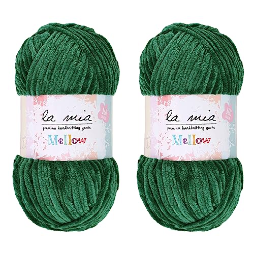 2 Skein La Mia Mellow Velvet Chenille Yarn for Knitting and Crocheting Baby Clothes, Blankets and Accessories, 100% Polyester, 100 gr (3.5 oz) / 115 m (125 Yards), Super Bulky, Green - 928