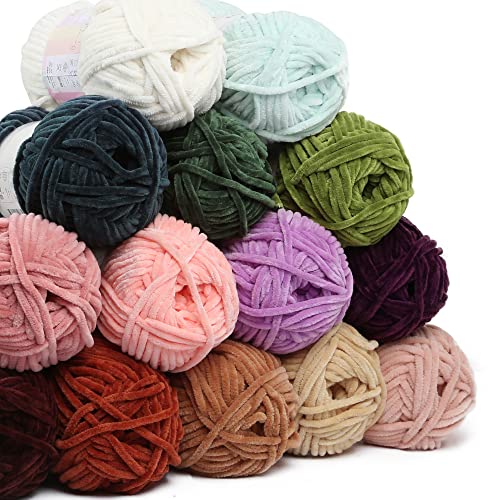 2 Skein La Mia Mellow Velvet Chenille Yarn for Knitting and Crocheting Baby Clothes, Blankets and Accessories, 100% Polyester, 100 gr (3.5 oz) / 115 m (125 Yards), Super Bulky, Green - 928