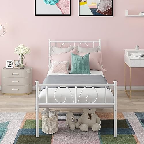 Twin Size Bed Frame 12 Inch Metal Platform Bed Frames Twin Mattress Foundation Single Beds with Headboard and Footboard, Easy Assembly, White